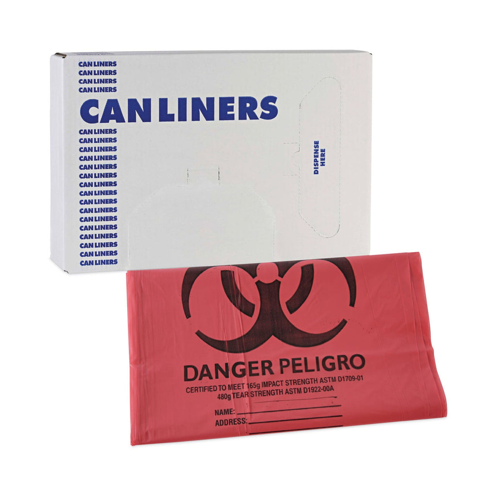 Boardwalk Linear Low Density Health Care Trash Can Liners, 45 gal, 1.3 mil, 40 x 46, Red, 100/Carton