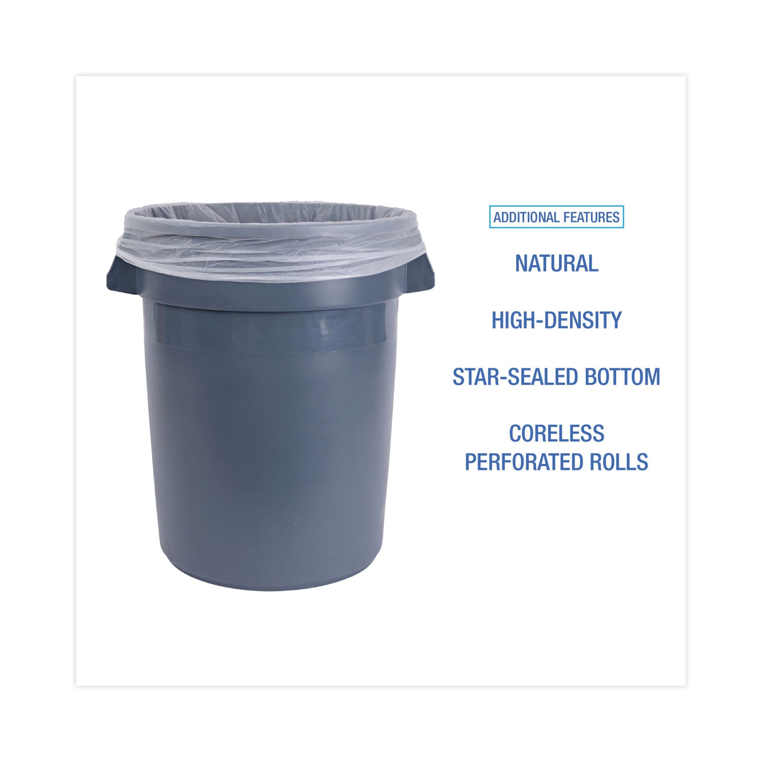 Boardwalk High Density Industrial Can Liners Coreless Rolls, 33 gal, 16 microns, 33 x 40, Natural, 10 Rolls of 25 Bags