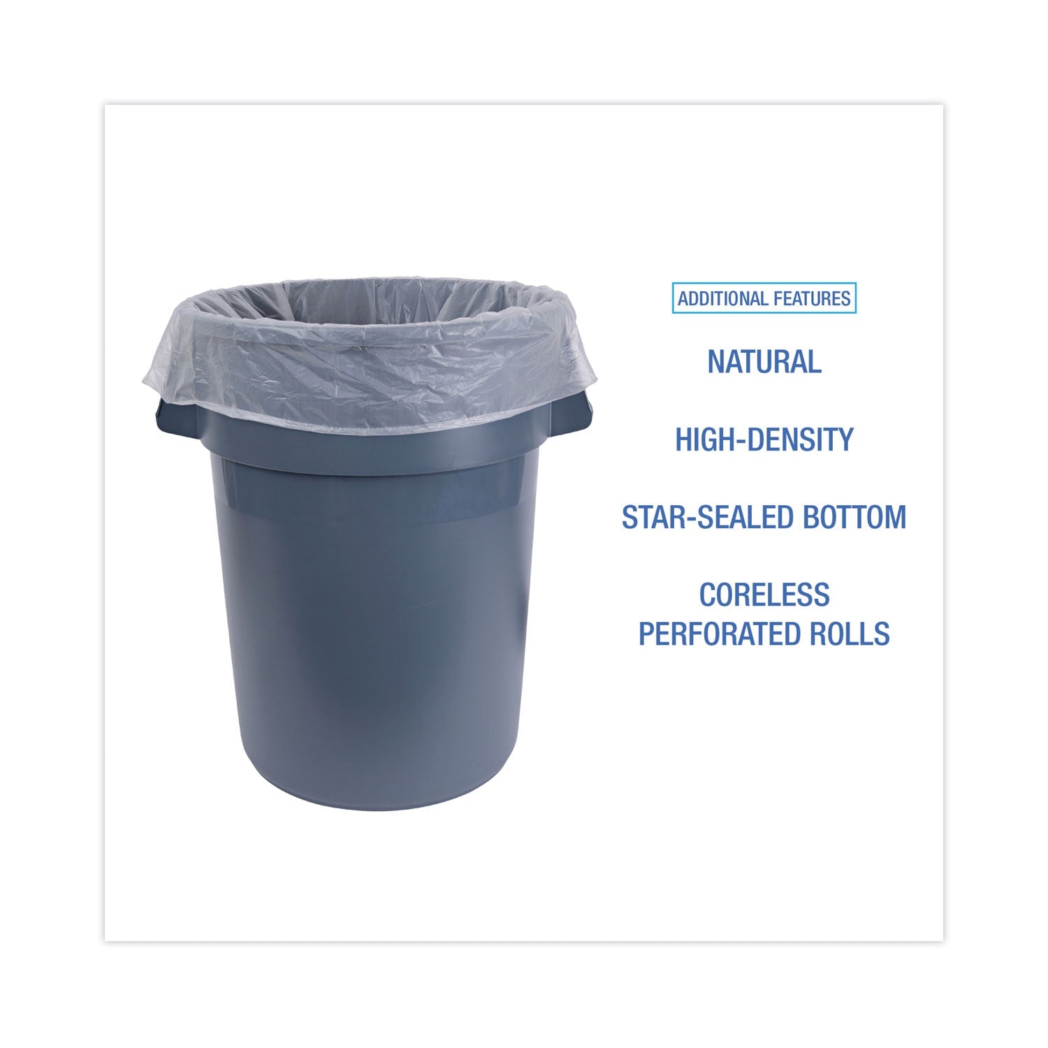 Boardwalk High Density Industrial Can Liners Coreless Rolls, 45 gal, 13 microns, 40 x 48, Natural, 10 Rolls of 25 Bags