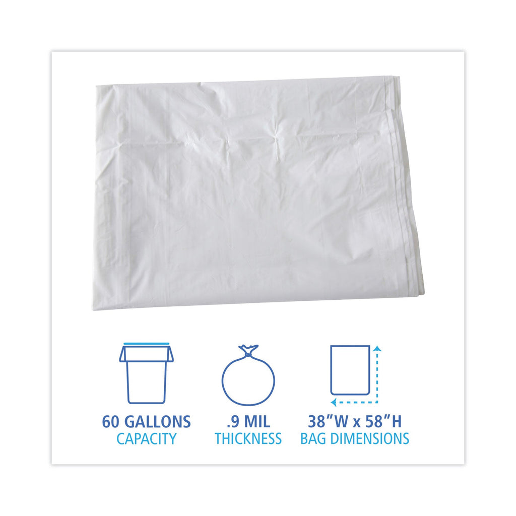 Boardwalk Linear Low Density Industrial Can Liners, 60 gal, 0.9 mil, 38 x 58, White, 100/Carton