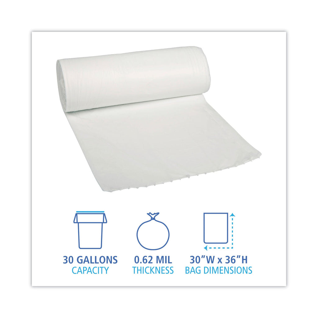 Boardwalk Low Density Repro Can Liners, 30 gal, 0.62 mil, 30" x 36", White, 10 Bags/Roll, 20 Rolls/Carton