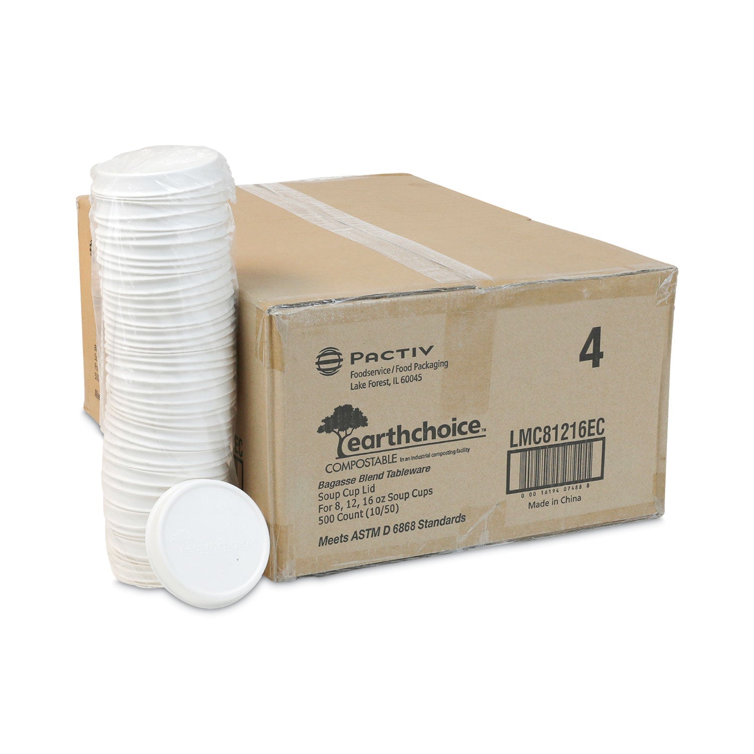 Pactiv Evergreen EarthChoice Compostable Soup Cup Lid, For 8-16 oz Soup Cups, 4" Diameter, White, Sugarcane, 500/Carton