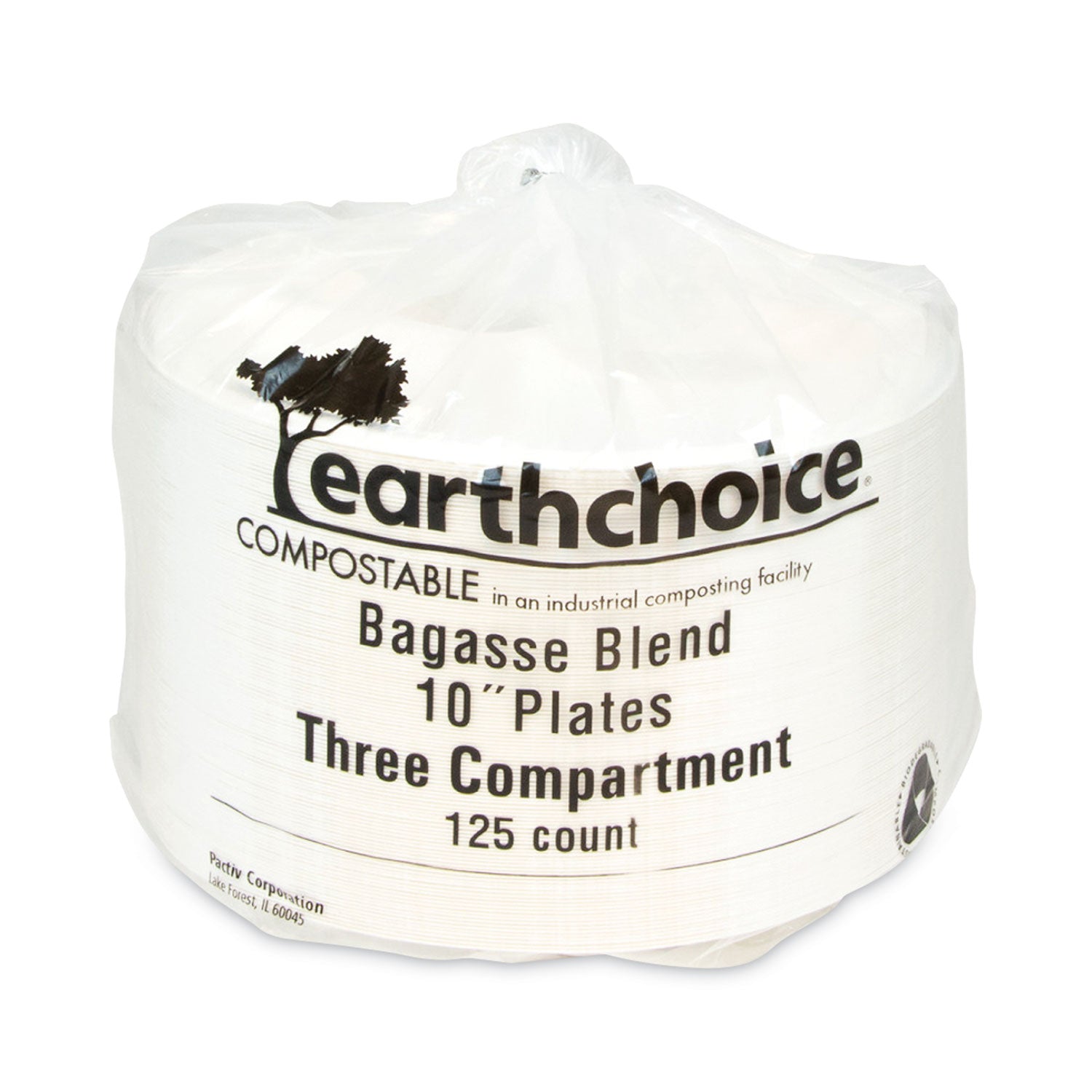 Pactiv Evergreen EarthChoice Compostable Fiber-Blend Bagasse Dinnerware, 3-Compartment Plate, 10" dia, Natural, 500/Carton