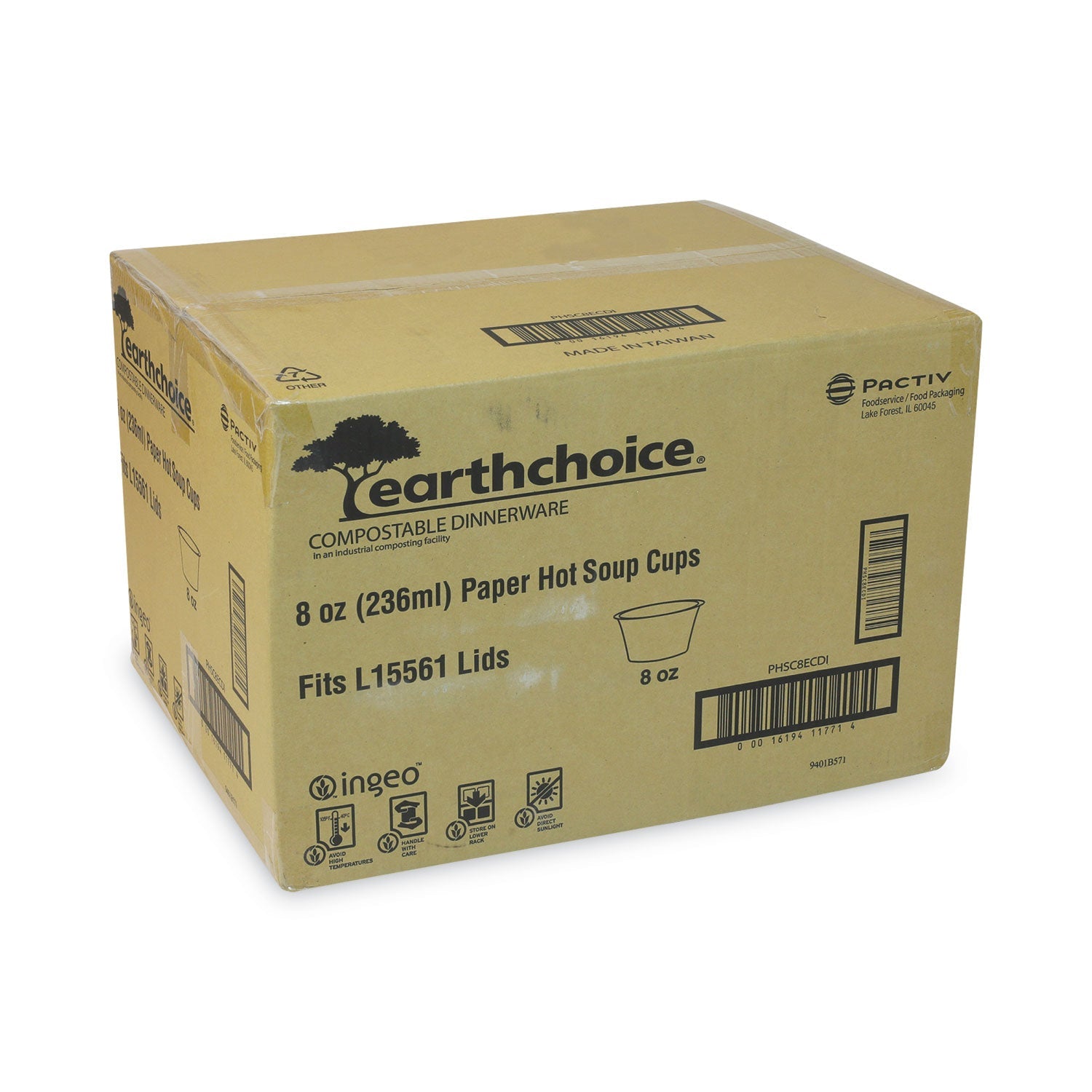 Pactiv Evergreen EarthChoice Compostable Soup Cup, Small, 8 oz, 3 x 3 x 3, Brown, Paper, 500/Carton