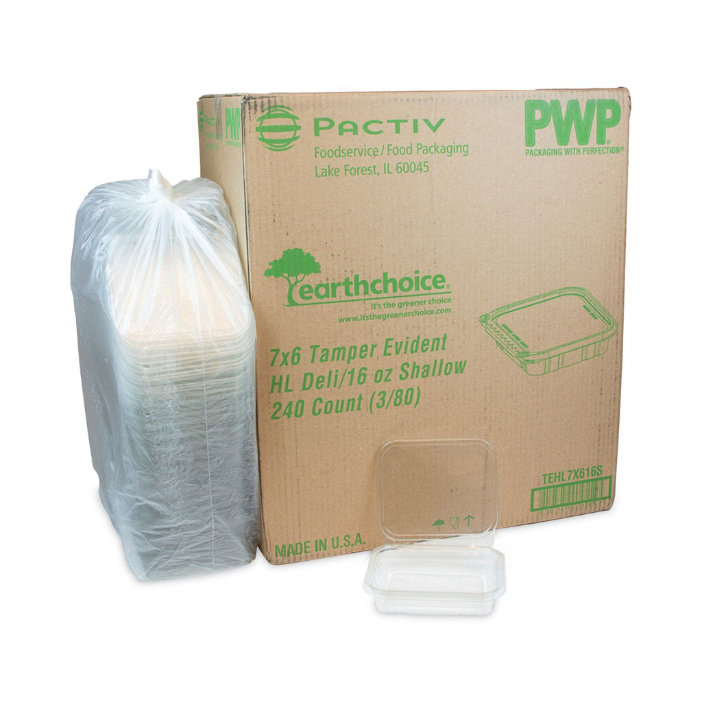 Pactiv Evergreen EarthChoice Tamper Evident Recycled Hinged Lid Deli Container, 16 oz, 7.25 x 6.38 x 1, Clear, Plastic, 240/Carton