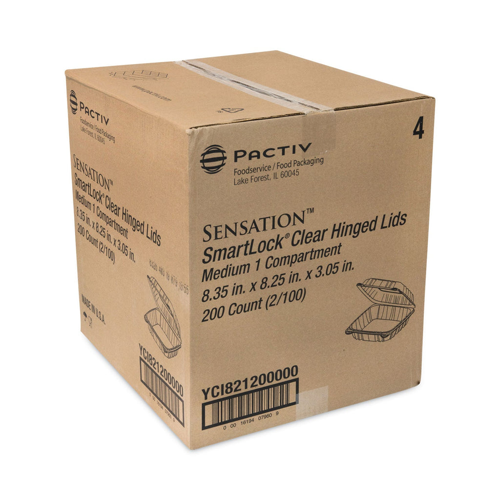 Pactiv Evergreen SENSATION SmartLock Hinged Lid Container, 8.34 x 8.24 x 3.05, Clear, Plastic, 200/Carton