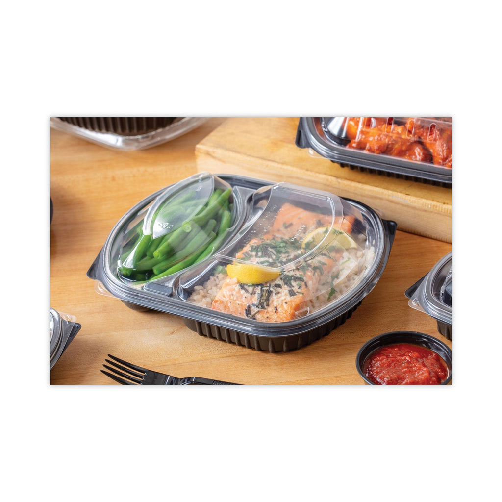 Pactiv Evergreen ClearView MealMaster Lid with Fog Gard Coating, Large 2-Compartment Dome Lid, 9.38 x 8 x 1.25, Clear, Plastic, 252/Carton