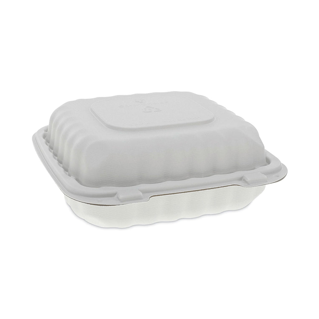 Pactiv Evergreen EarthChoice SmartLock Microwavable MFPP Hinged Lid Container, 3-Compartment, 8.31 x 8.35 x 3.1, White, Plastic, 200/Carton