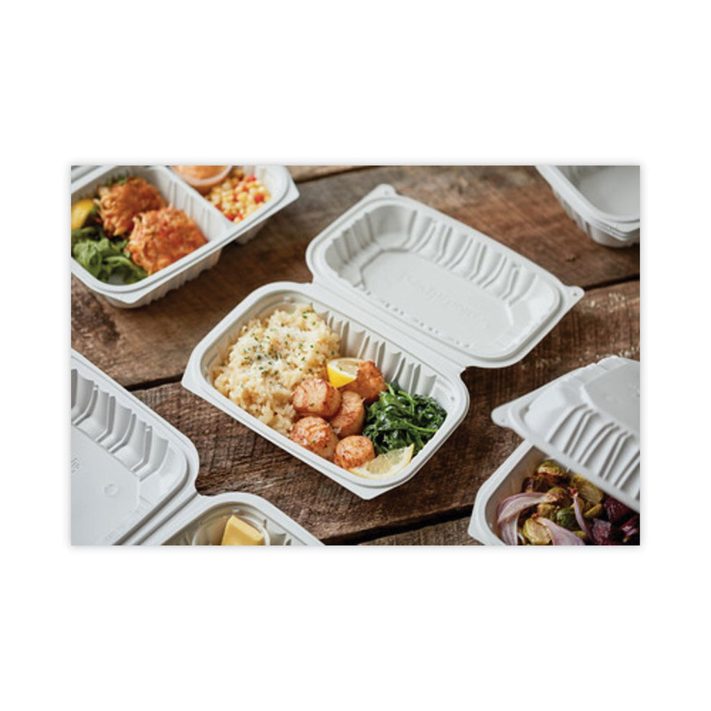 Pactiv Evergreen EarthChoice Vented Microwavable MFPP Hinged Lid Container, 9 x 6 x 3.1, White, Plastic, 170/Carton