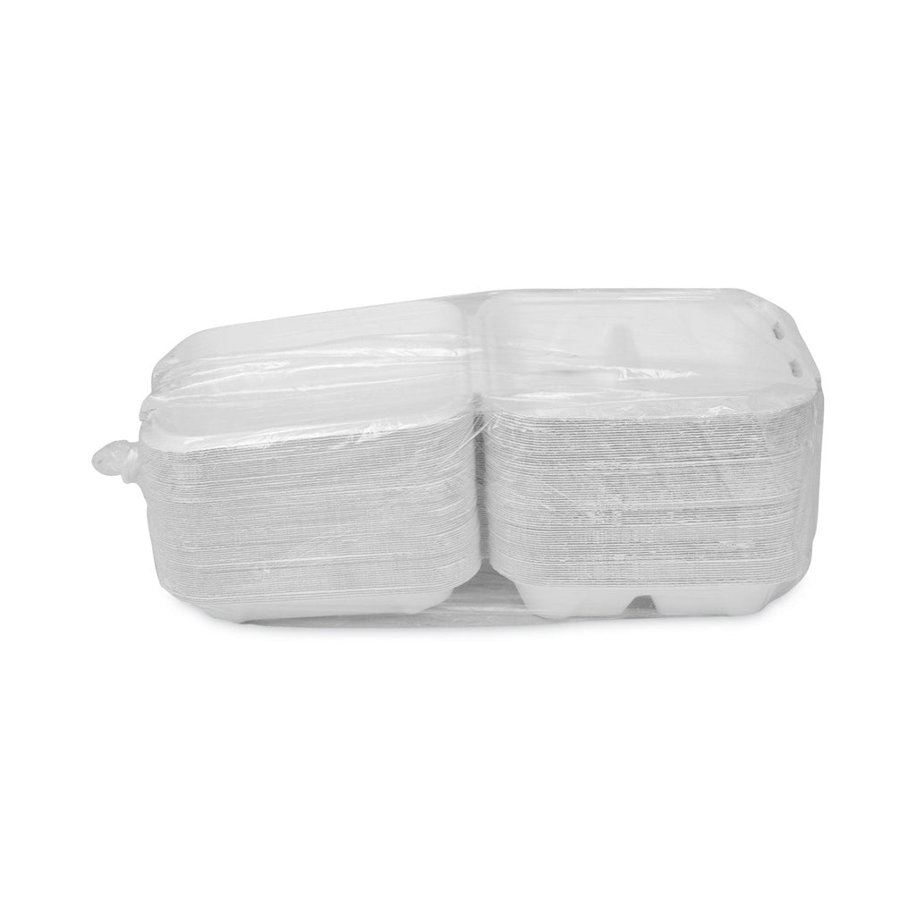 Pactiv Evergreen EarthChoice Bagasse Hinged Lid Container, 3-Compartment, Dual Tab Lock, 7.8 x 7.8 x 2.8, Natural, Sugarcane, 150/Carton