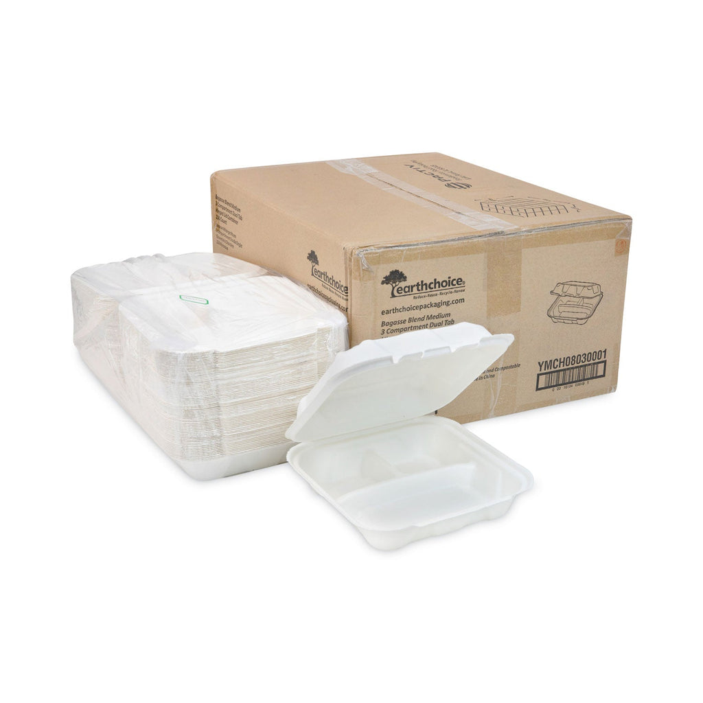Pactiv Evergreen EarthChoice Bagasse Hinged Lid Container, 3-Compartment, Dual Tab Lock, 7.8 x 7.8 x 2.8, Natural, Sugarcane, 150/Carton
