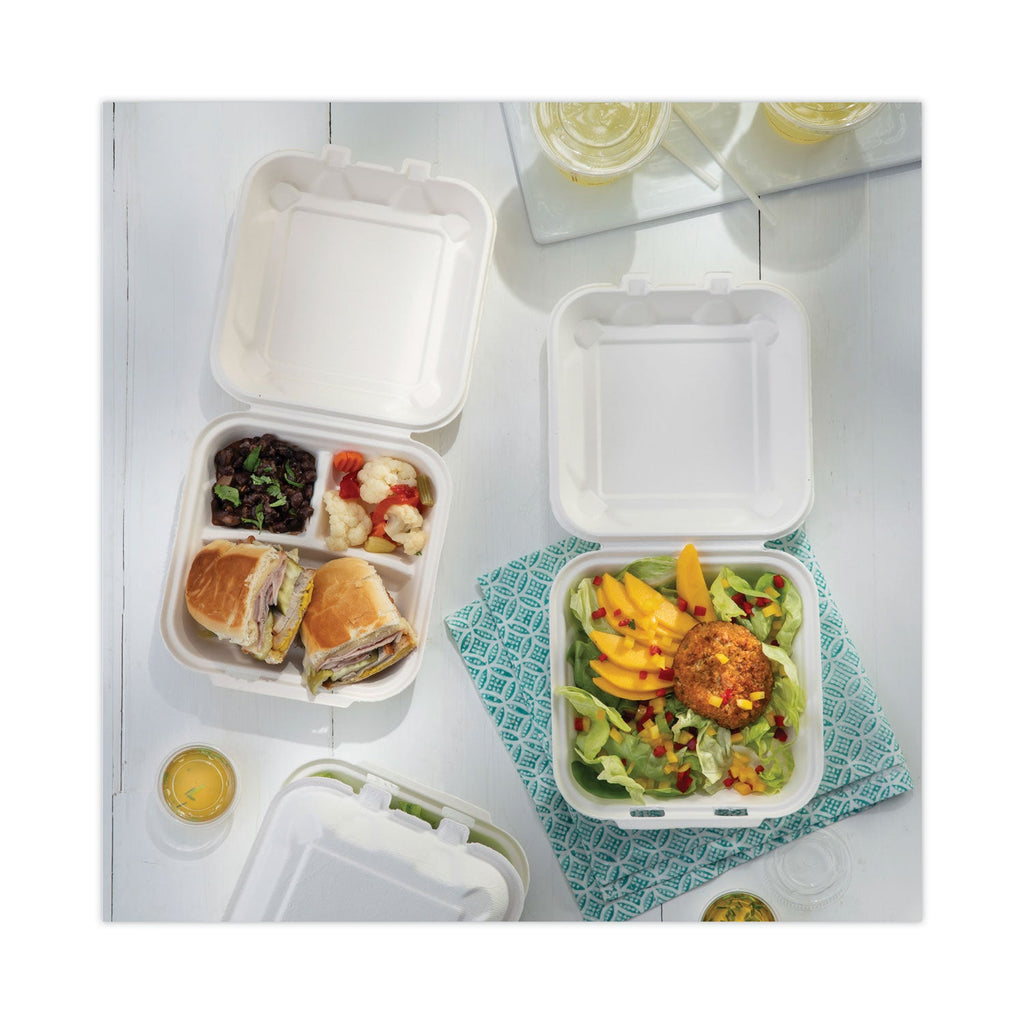 Pactiv Evergreen EarthChoice Bagasse Hinged Lid Container, 3-Compartment, Dual Tab Lock, 7.8 x 7.8 x 2.8, Natural, Sugarcane, 150/Carton