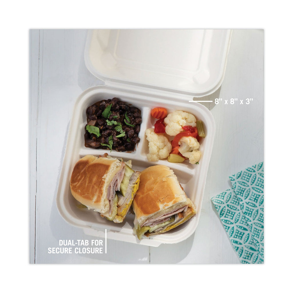 Pactiv Evergreen EarthChoice Bagasse Hinged Lid Container, 3-Compartment, Dual Tab Lock, 7.8 x 7.8 x 2.8, Natural, Sugarcane, 150/Carton