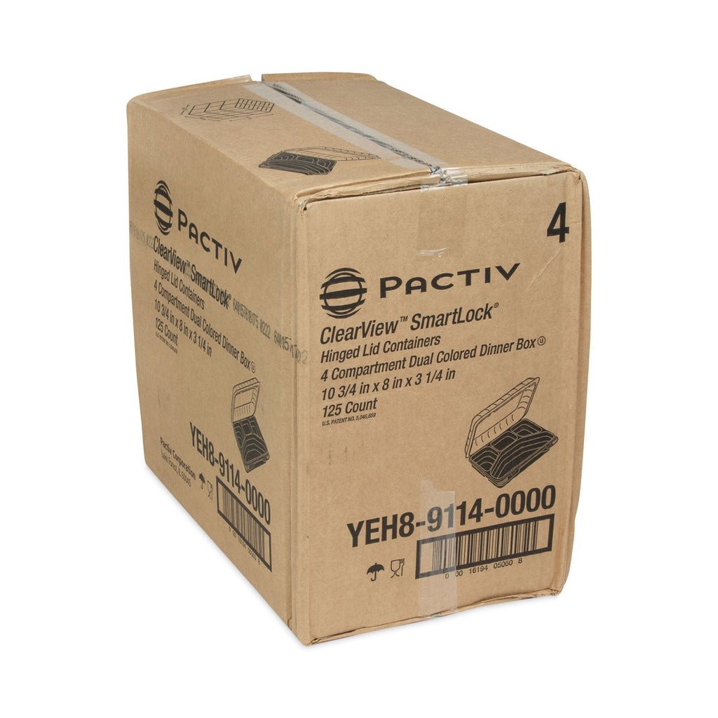 Pactiv Evergreen Dual Color SmartLock Hinged Lid Container, 4-Compartment, 10.75 x 8 x 3.25, Black Base/Clear Top, Plastic, 125/Carton