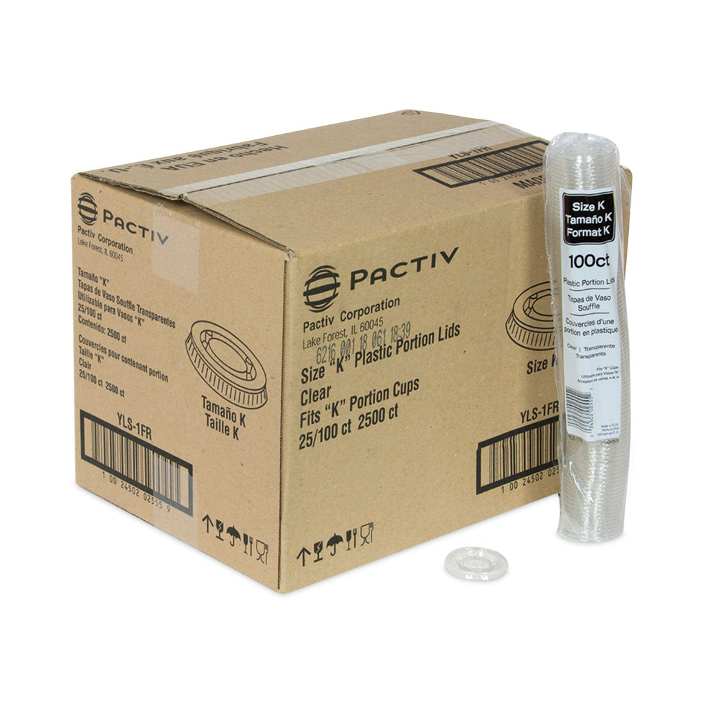 Pactiv Evergreen Plastic Portion Cup Lid, Fits 0.5 oz to 1 oz Cups, Clear, 100/Sleeve, 25 Sleeves/Carton
