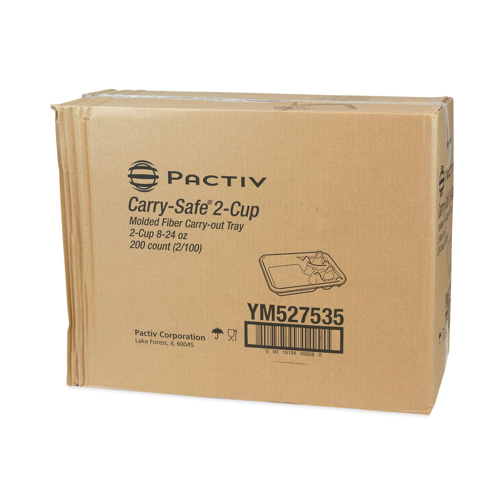 Pactiv Evergreen EarthChoice Carry-Safe Beverage Carrier, Two-Cup Carrier with Food Tray, 8 oz to 24 oz, Natural, 200/Carton