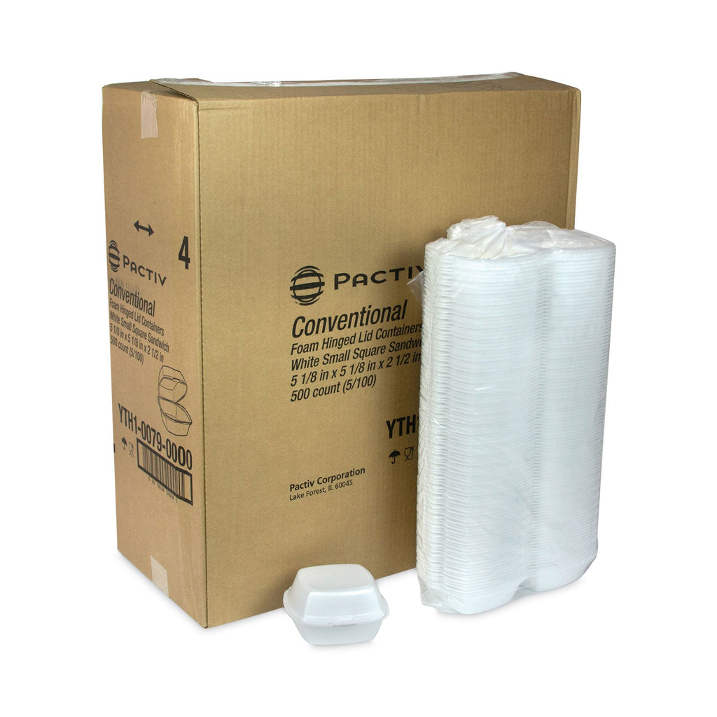 Pactiv Evergreen Foam Hinged Lid Container, Single Tab Lock, 5.13 x 5.13 x 2.5, White, 500/Carton