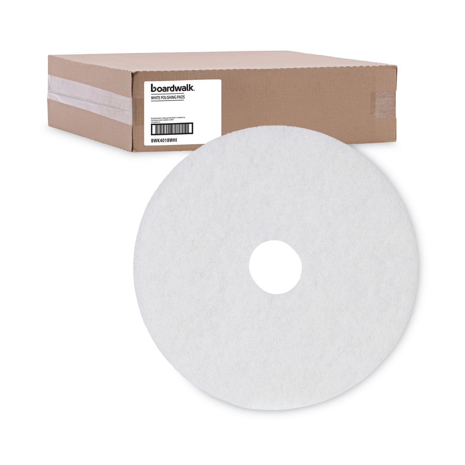 Boardwalk Polishing Floor Pads, 18" Diameter, White, 5/Carton