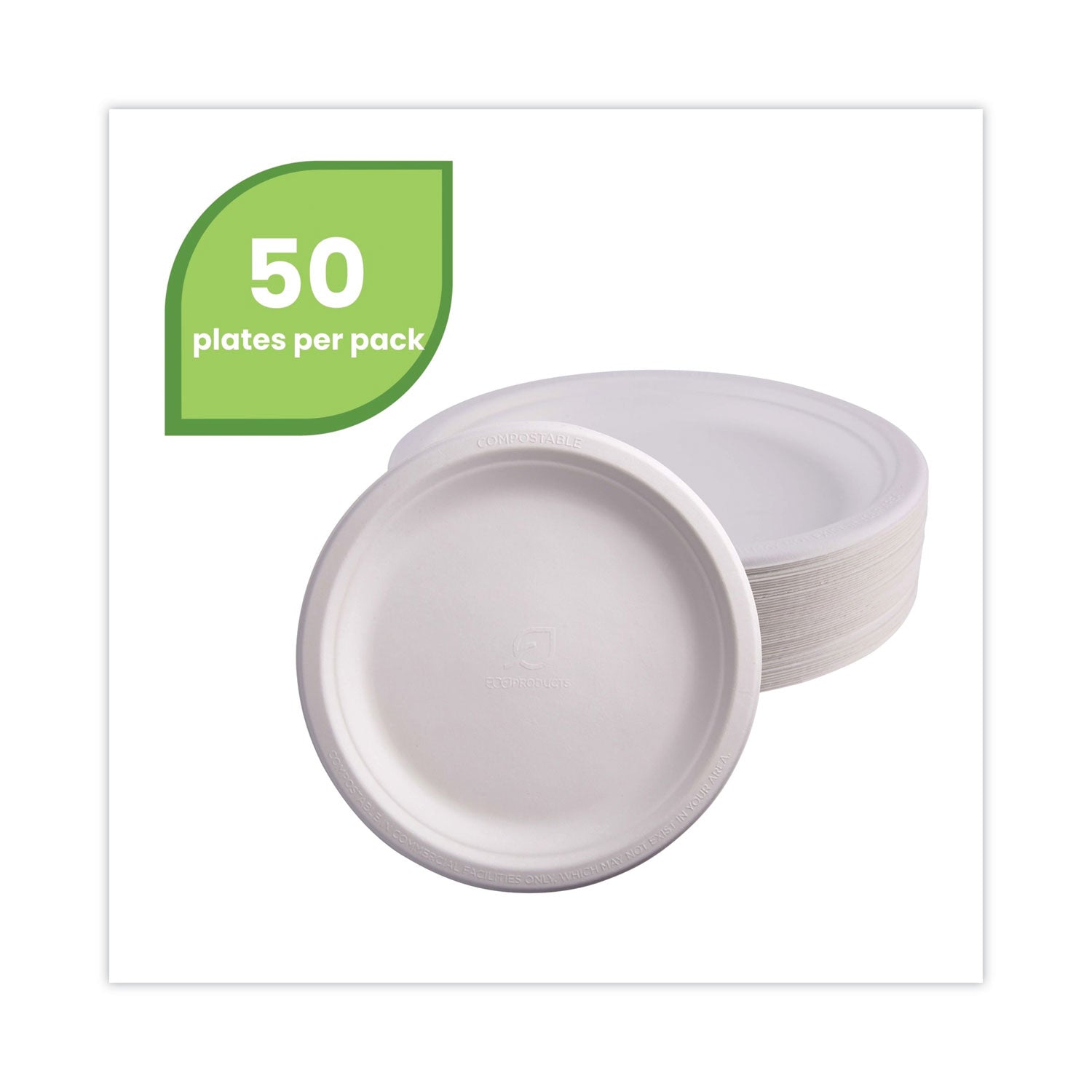 Eco-Products Renewable and Compostable Sugarcane Plates, 9" dia, Natural White, 500/Carton