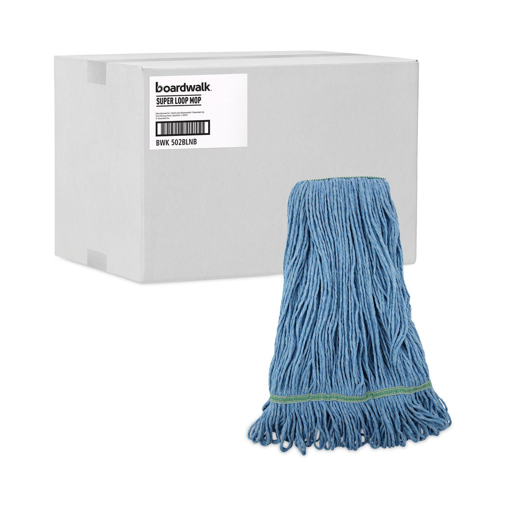 Boardwalk Super Loop Wet Mop Head, Cotton/Synthetic Fiber, 1" Headband, Medium Size, Blue, 12/Carton