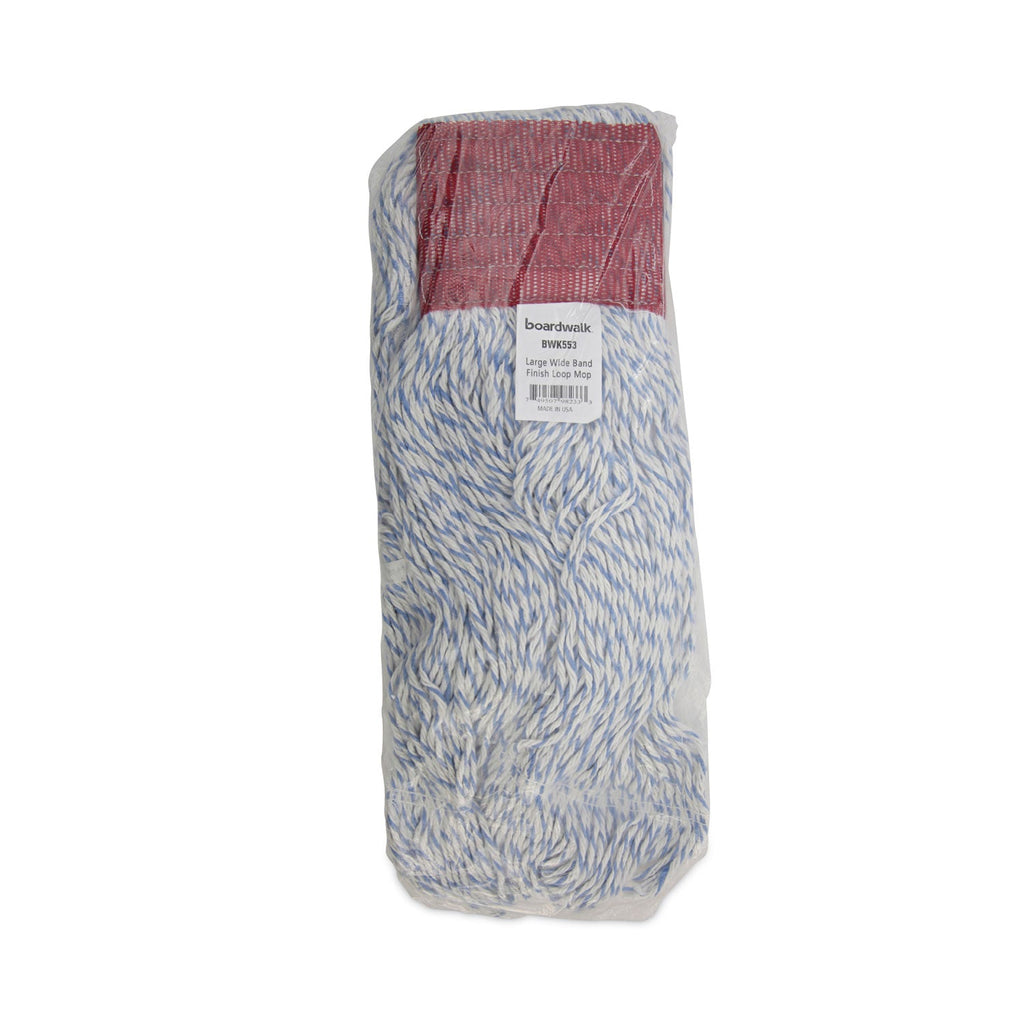 Boardwalk Mop Head, Floor Finish, Wide, Rayon/Polyester, Large, White/Blue, 12/Carton