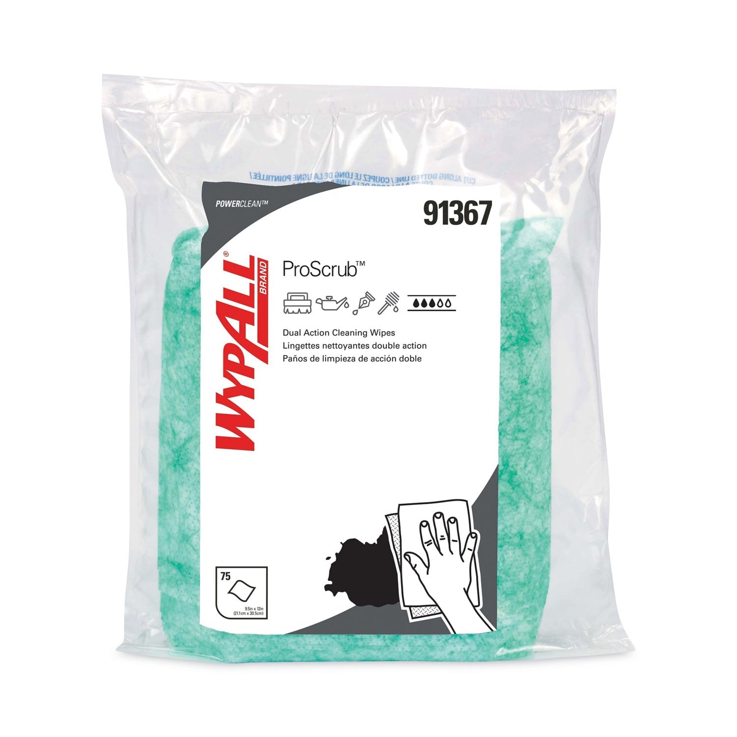 WypAll Power Clean ProScrub Pre-Saturated Wipes, 12 x 9.5, Citrus Scent, Green, 75/Pack, 6 Packs/Carton