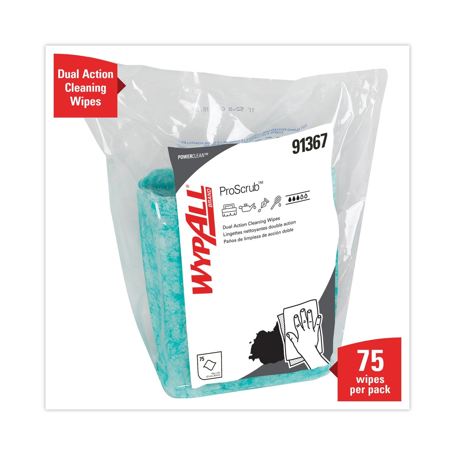 WypAll Power Clean ProScrub Pre-Saturated Wipes, 12 x 9.5, Citrus Scent, Green, 75/Pack, 6 Packs/Carton