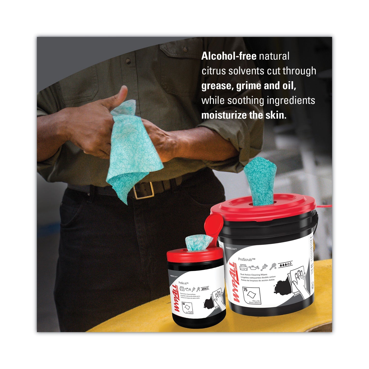 WypAll Power Clean ProScrub Pre-Saturated Wipes, 12 x 9.5, Citrus Scent, Green/White, 50/Canister, 8 Canisters/Carton