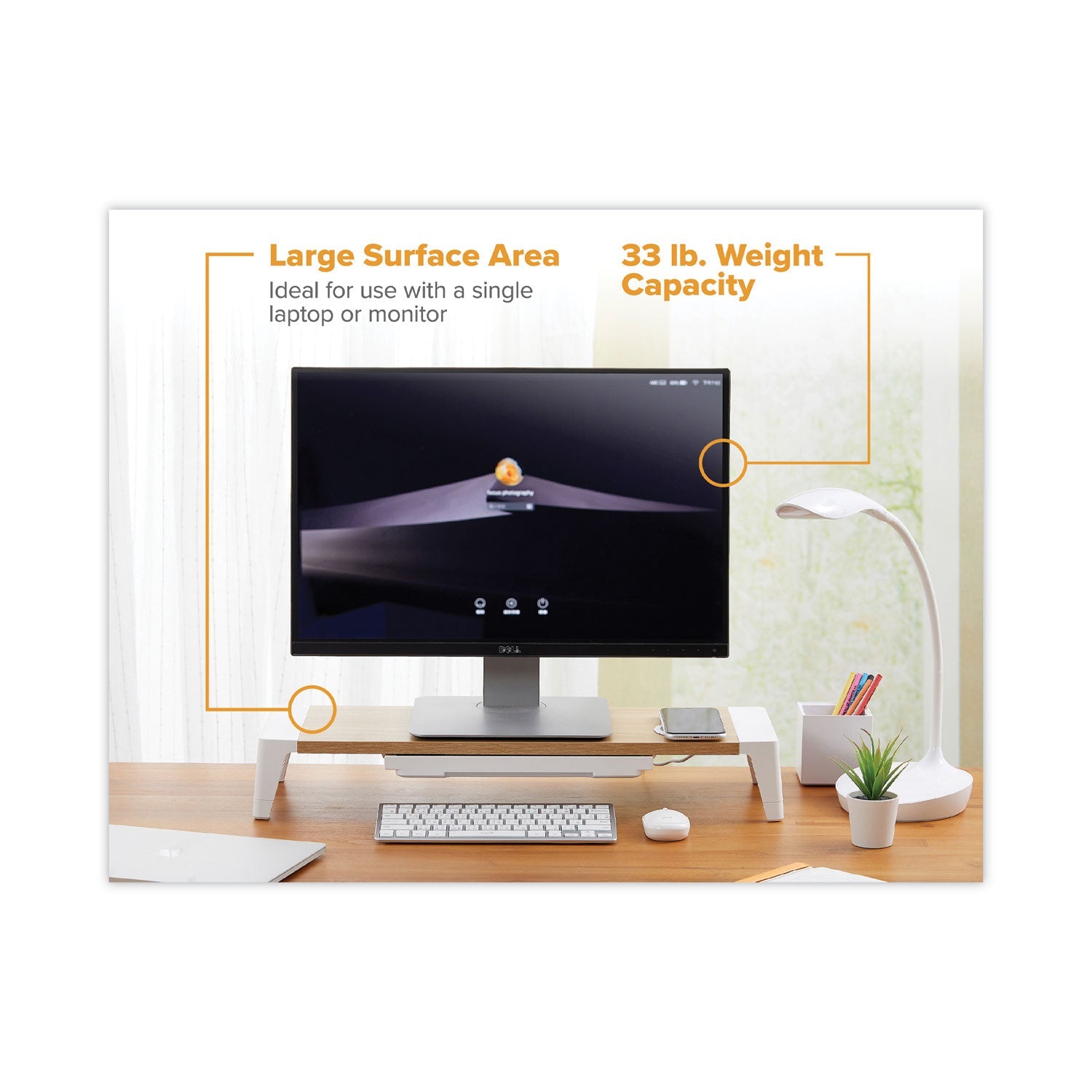 Bostitch Wooden Monitor Stand with Wireless Charging Pad, 9.8" x 26.77" x 4.13", White