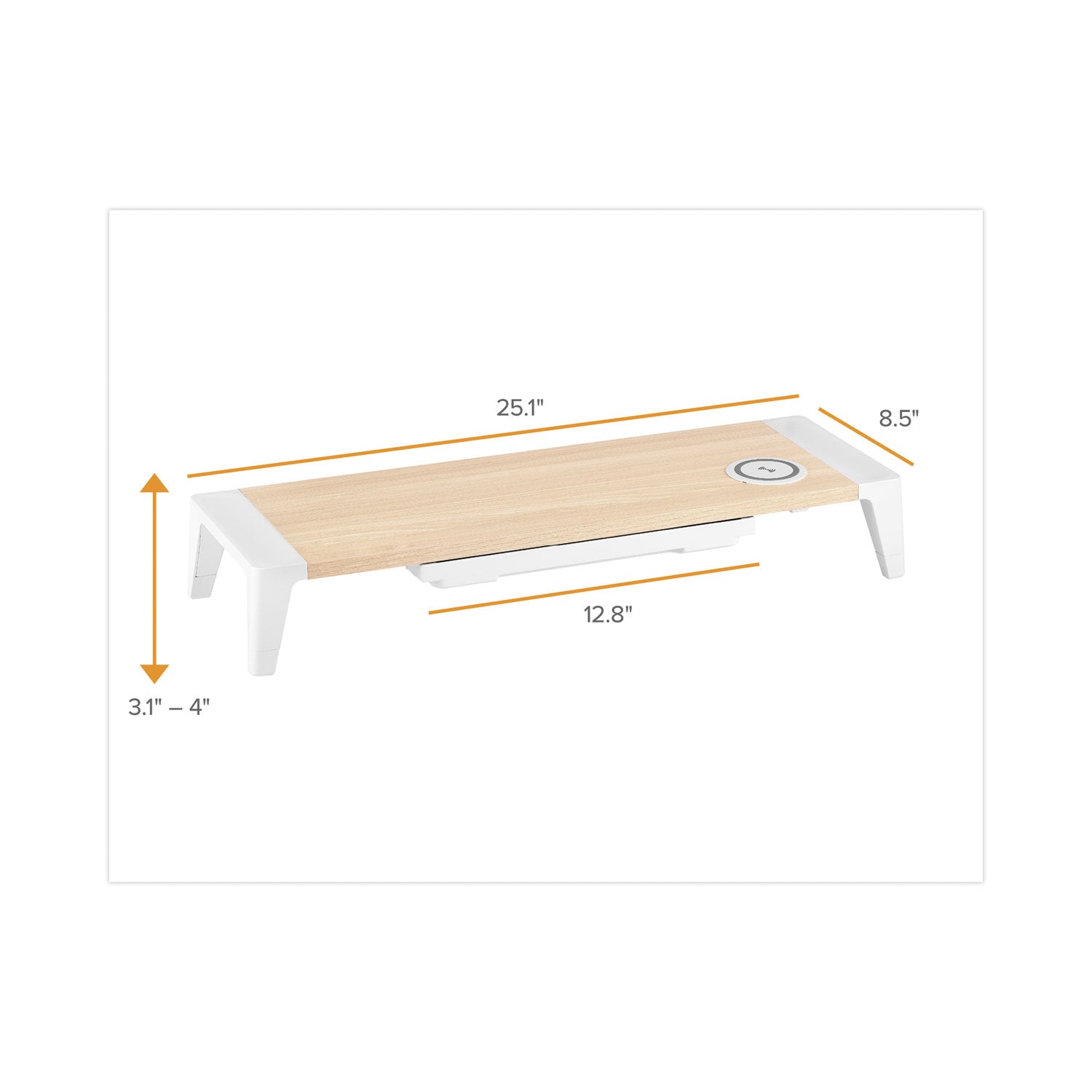 Bostitch Wooden Monitor Stand with Wireless Charging Pad, 9.8" x 26.77" x 4.13", White