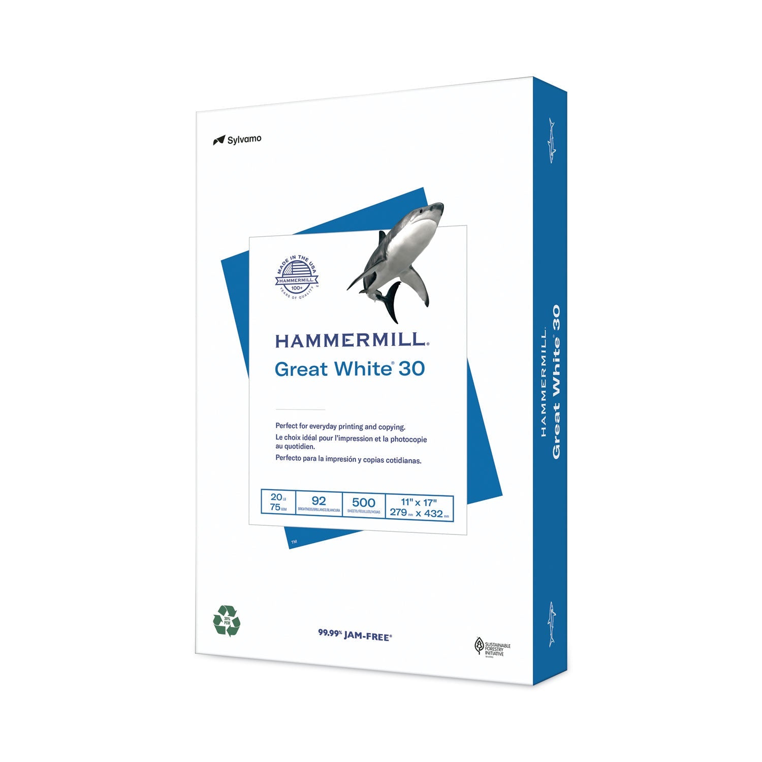 Hammermill Great White 30 Recycled Print Paper, 92 Bright, 20 lb Bond Weight, 11 x 17, White, 500/Ream