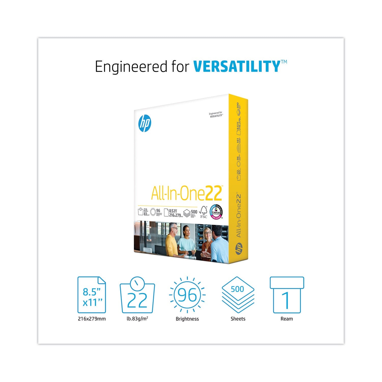 HP Papers All-In-One22 Paper, 96 Bright, 22 lb Bond Weight, 8.5 x 11, White, 500/Ream