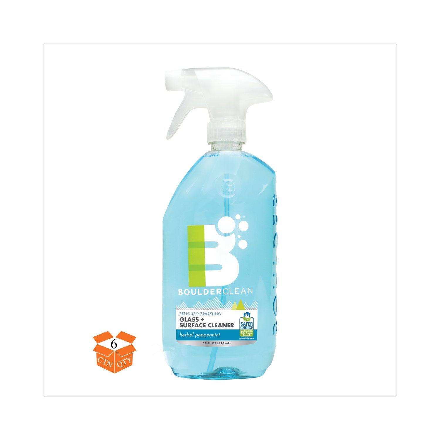 Boulder Clean Glass + Surface Cleaner, Herbal Peppermint, 28 oz Bottle, 6/Carton