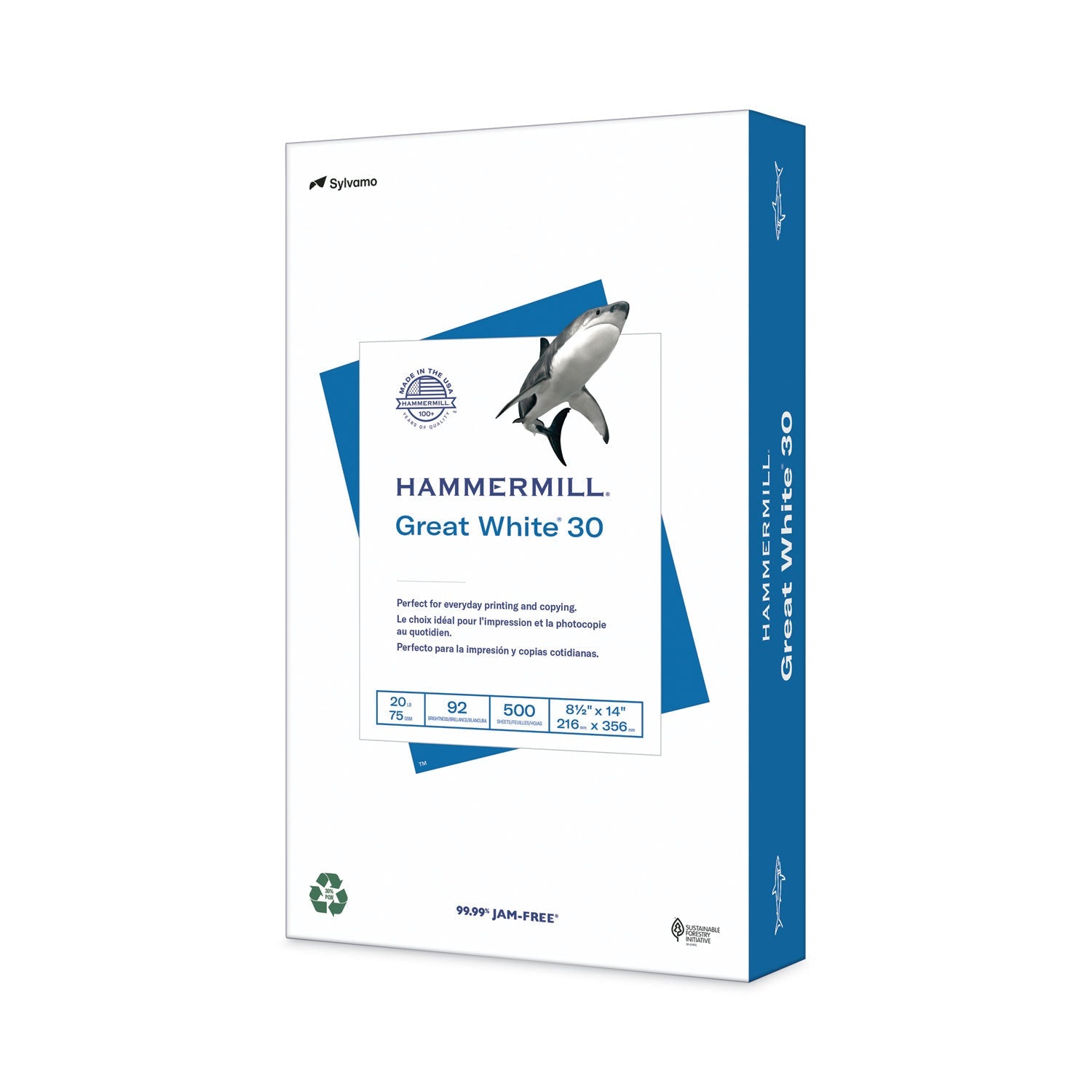 Hammermill Great White 30 Recycled Print Paper, 92 Bright, 20 lb Bond Weight, 8.5 x 14, White, 500/Ream