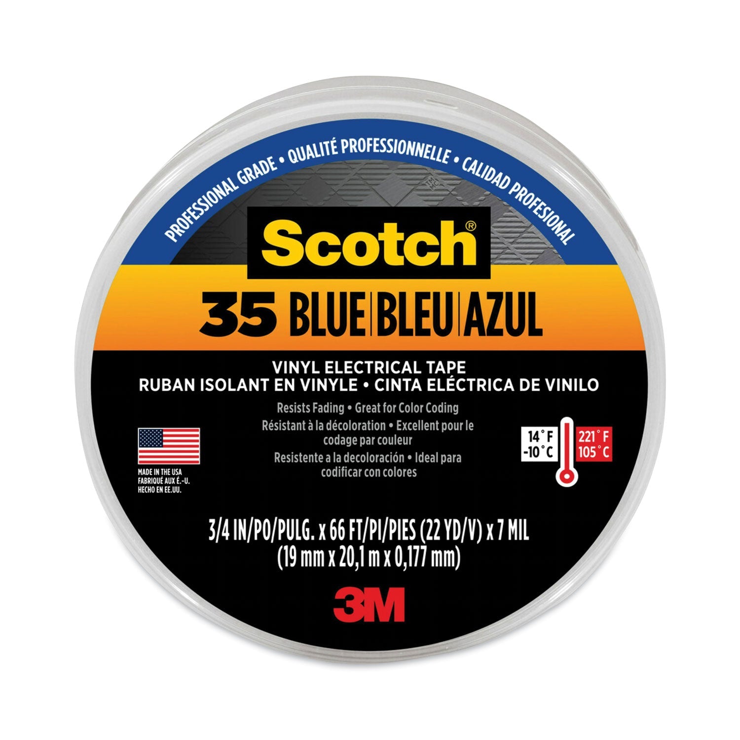 3M Scotch 35 Vinyl Electrical Color Coding Tape, 3" Core, 0.75" x 66 ft, Blue