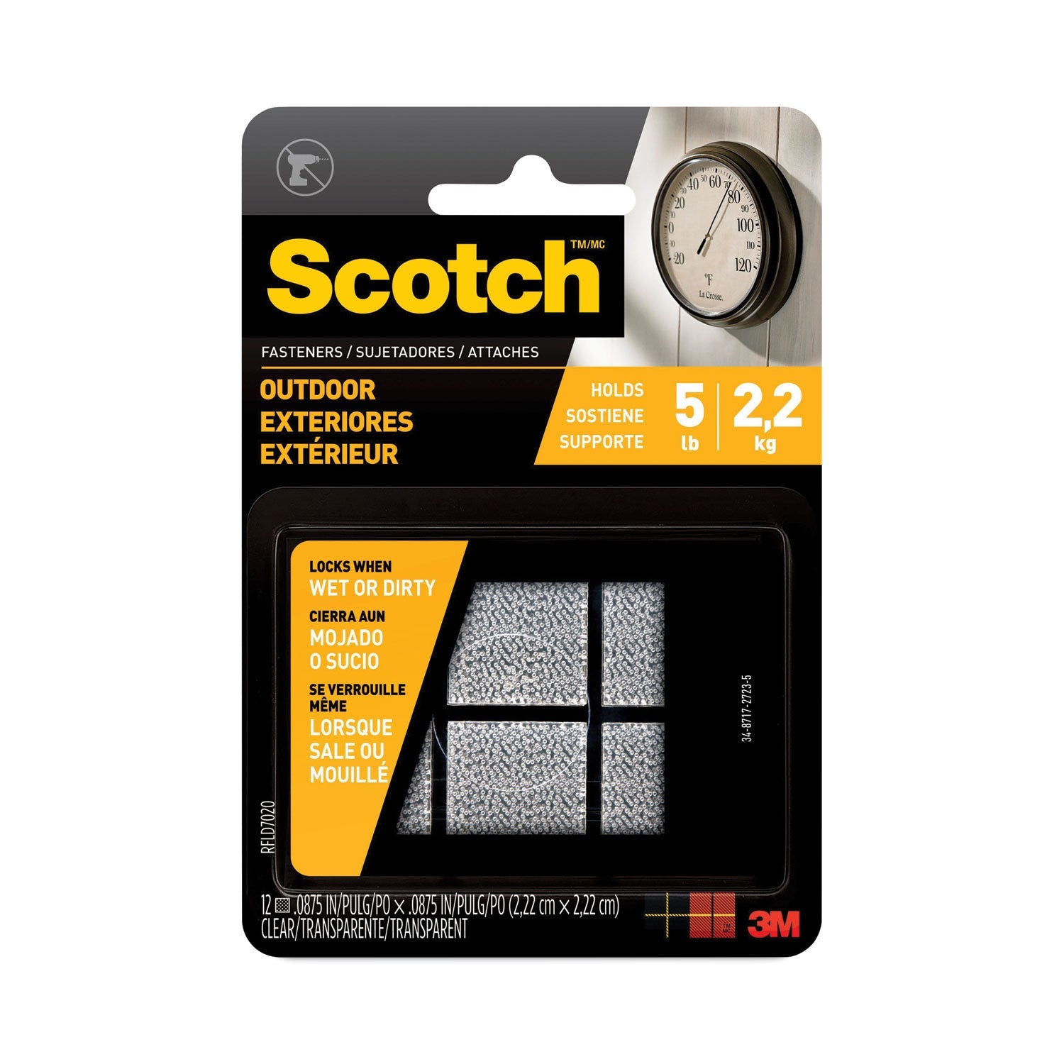 Scotch Outdoor Fasteners, 0.88" x 0.88", Clear, 6/Pack