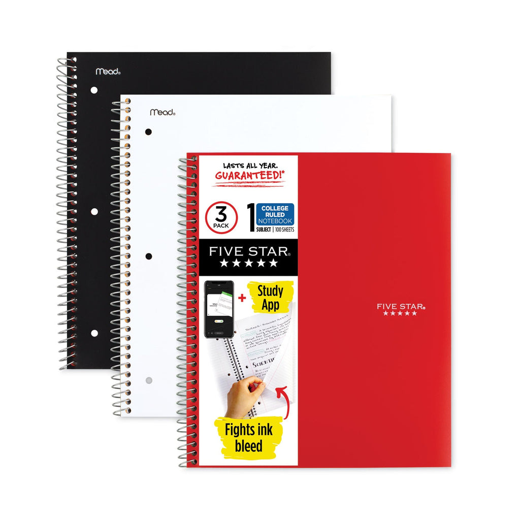 Five Star Wirebound Notebook, 1 Subject, Medium/College Rule, Randomly Assorted Covers, 11 x 8.5, 100 Sheets, 3/Pack