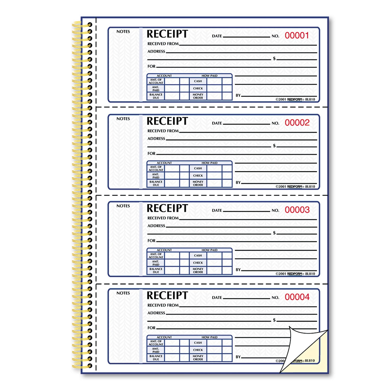 Rediform Money Receipt Book, Two-Part Carbonless, 7 x 2.75, 4/Page, 300 Forms