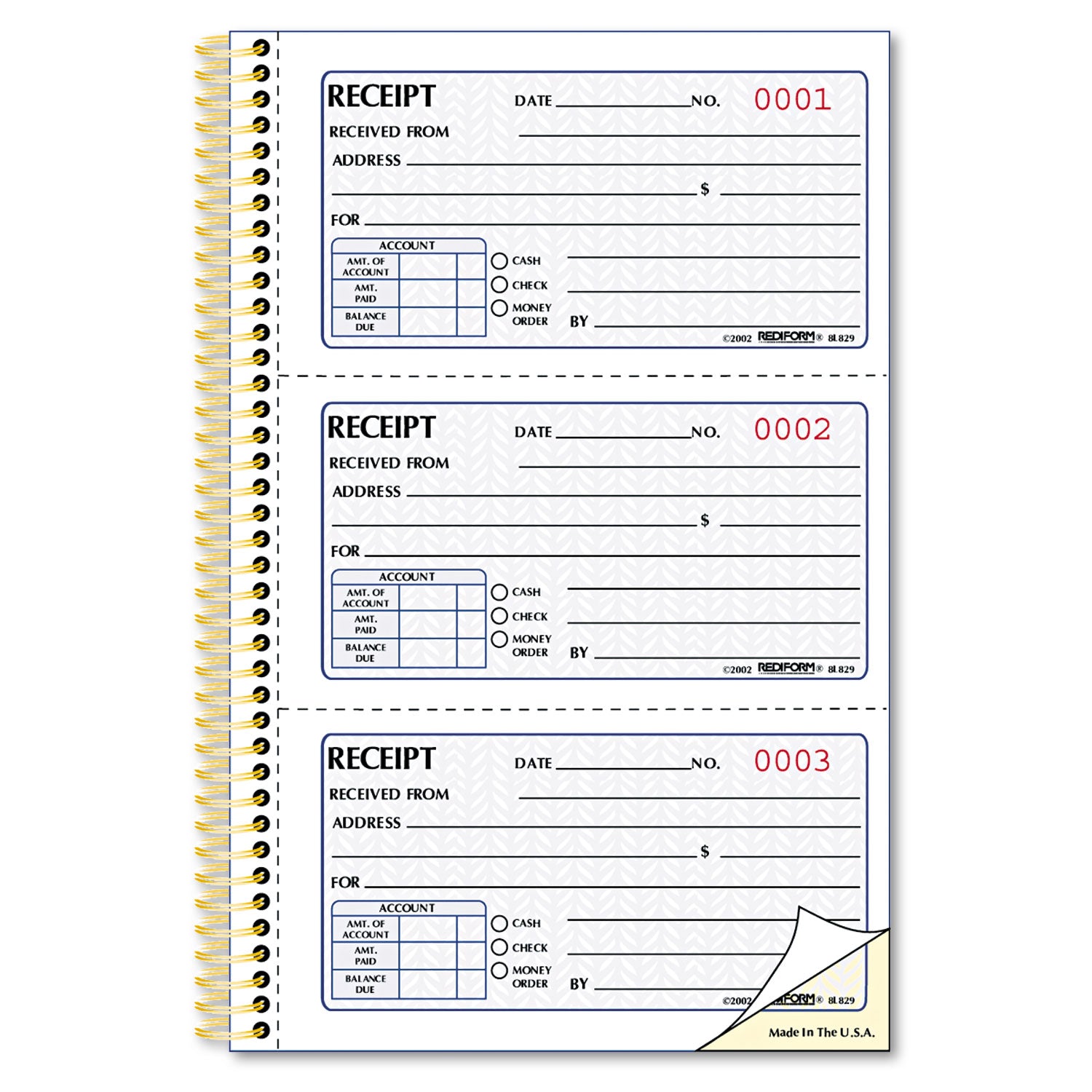 Rediform Money Receipt Book, Two-Part Carbonless, 5 x 2.75, 3/Page, 225 Forms