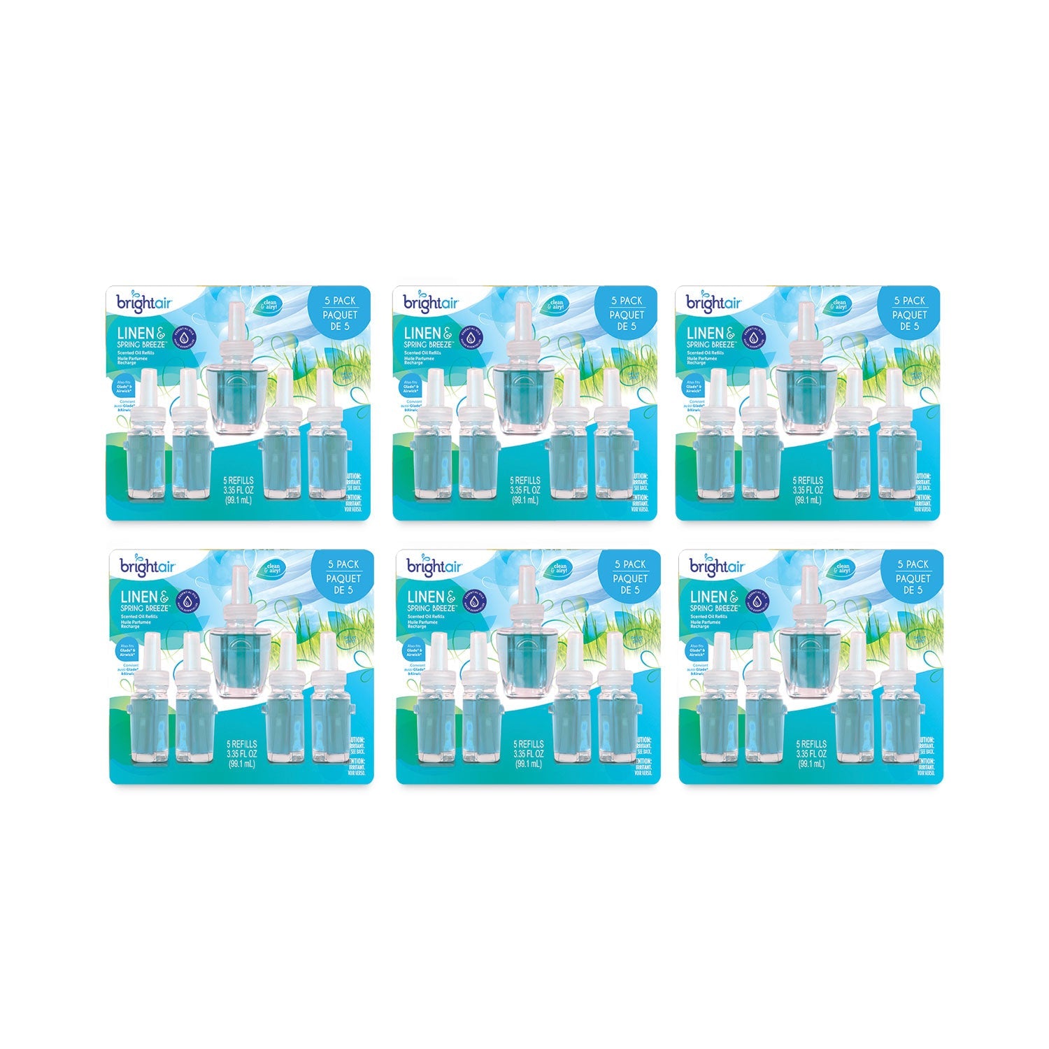 BRIGHT Air Electric Scented Oil Air Freshener Refill, Linen and Spring Breeze, 0.67 oz Bottle, 5/Pack, 6 Pack/Carton
