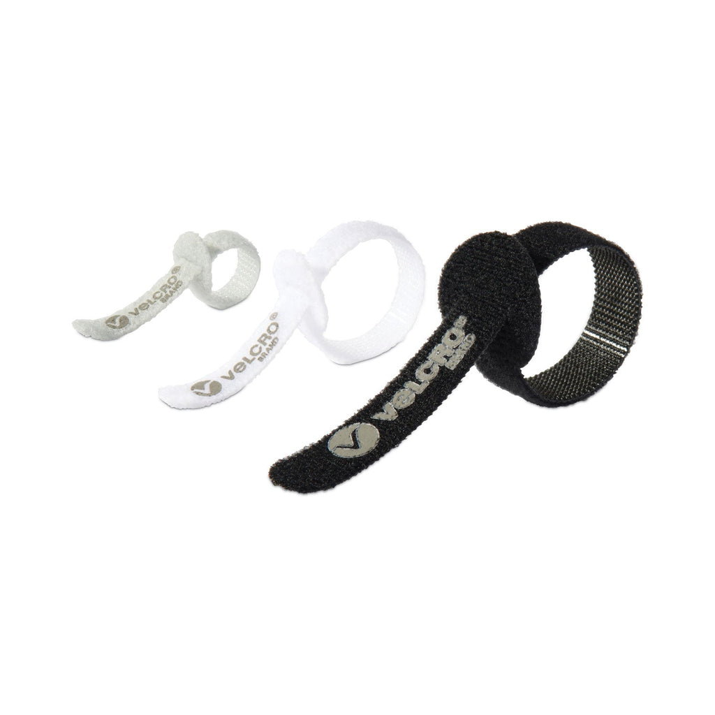 VELCRO Portable Cord Ties, (4) 3" x 0.25"/ (4) 5" x 0.38"/ (4) 7" x 0.5", Black/Gray/White, 12/Pack