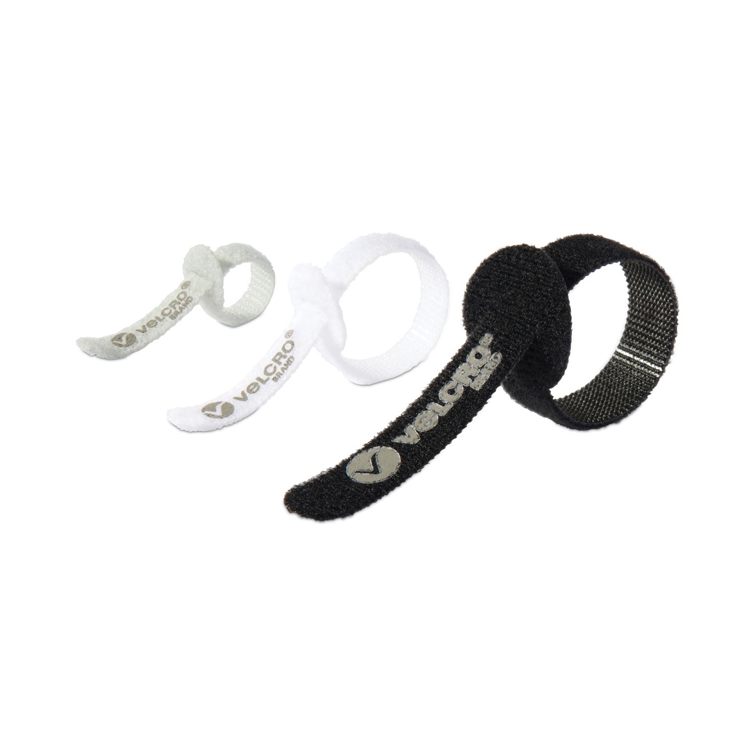 VELCRO Portable Cord Ties, (4) 3" x 0.25"/ (4) 5" x 0.38"/ (4) 7" x 0.5", Black/Gray/White, 12/Pack