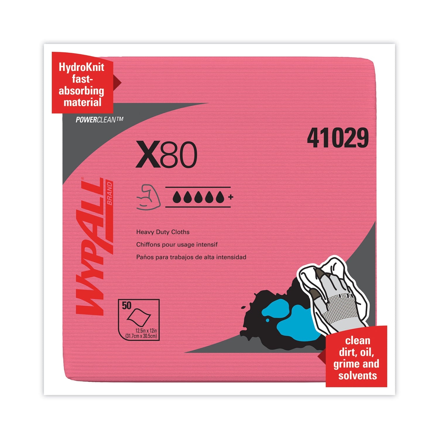 WypAll Power Clean X80 Heavy Duty Cloths,, 12.5 x 12, Red, 50/Box, 4 Boxes/Carton