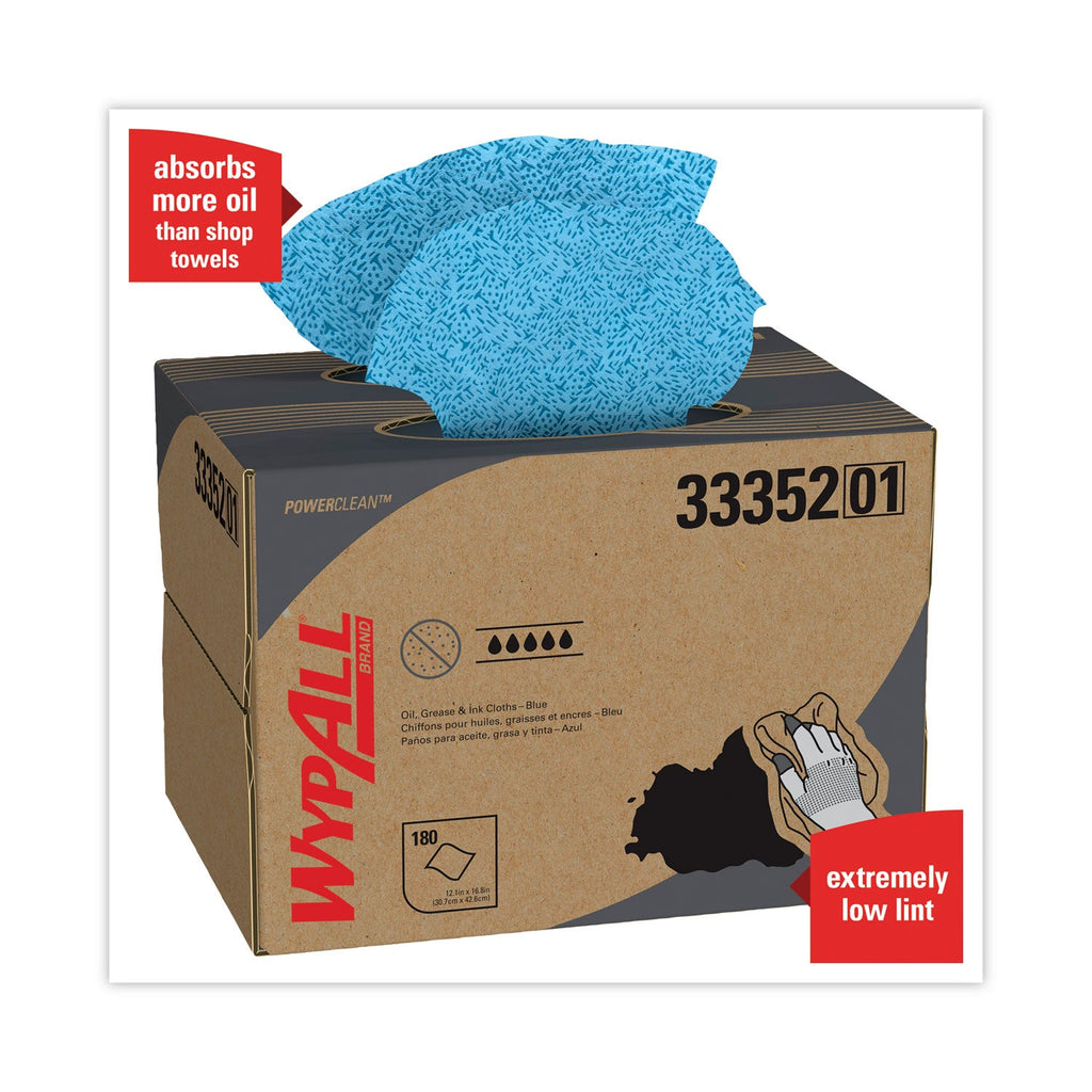 WypAll Power Clean Oil, Grease and Ink Cloths, BRAG Box, 12.1 x 16.8, Blue, 180/Box