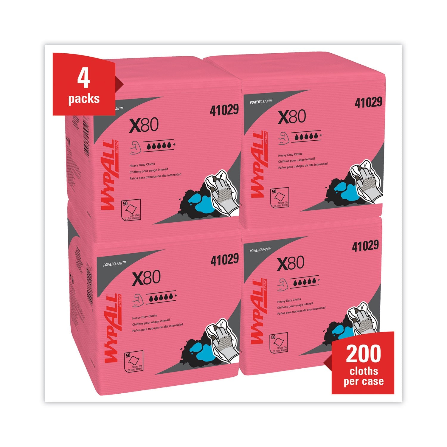 WypAll Power Clean X80 Heavy Duty Cloths,, 12.5 x 12, Red, 50/Box, 4 Boxes/Carton