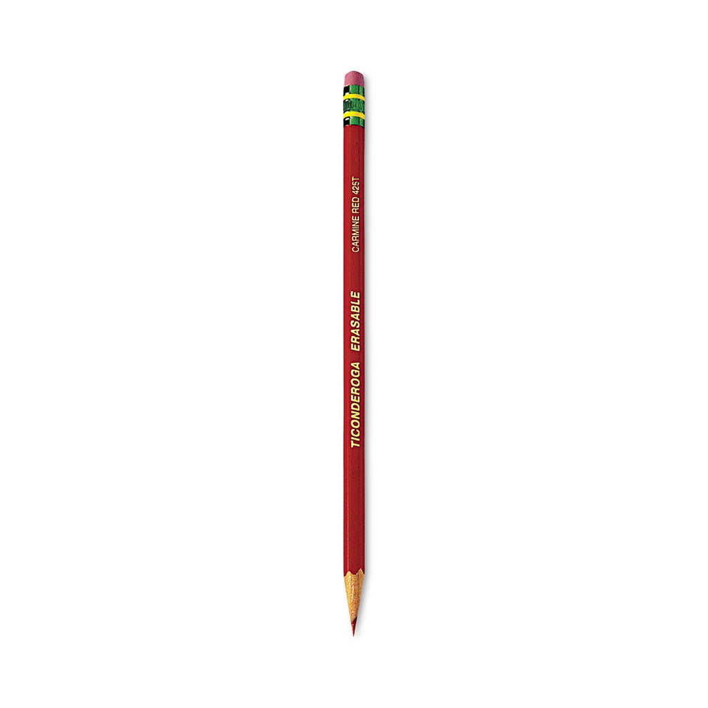 Ticonderoga Erasable Colored Pencils, 2.6 mm, 2B (#1), Carmine Red Lead, Carmine Red Barrel, Dozen