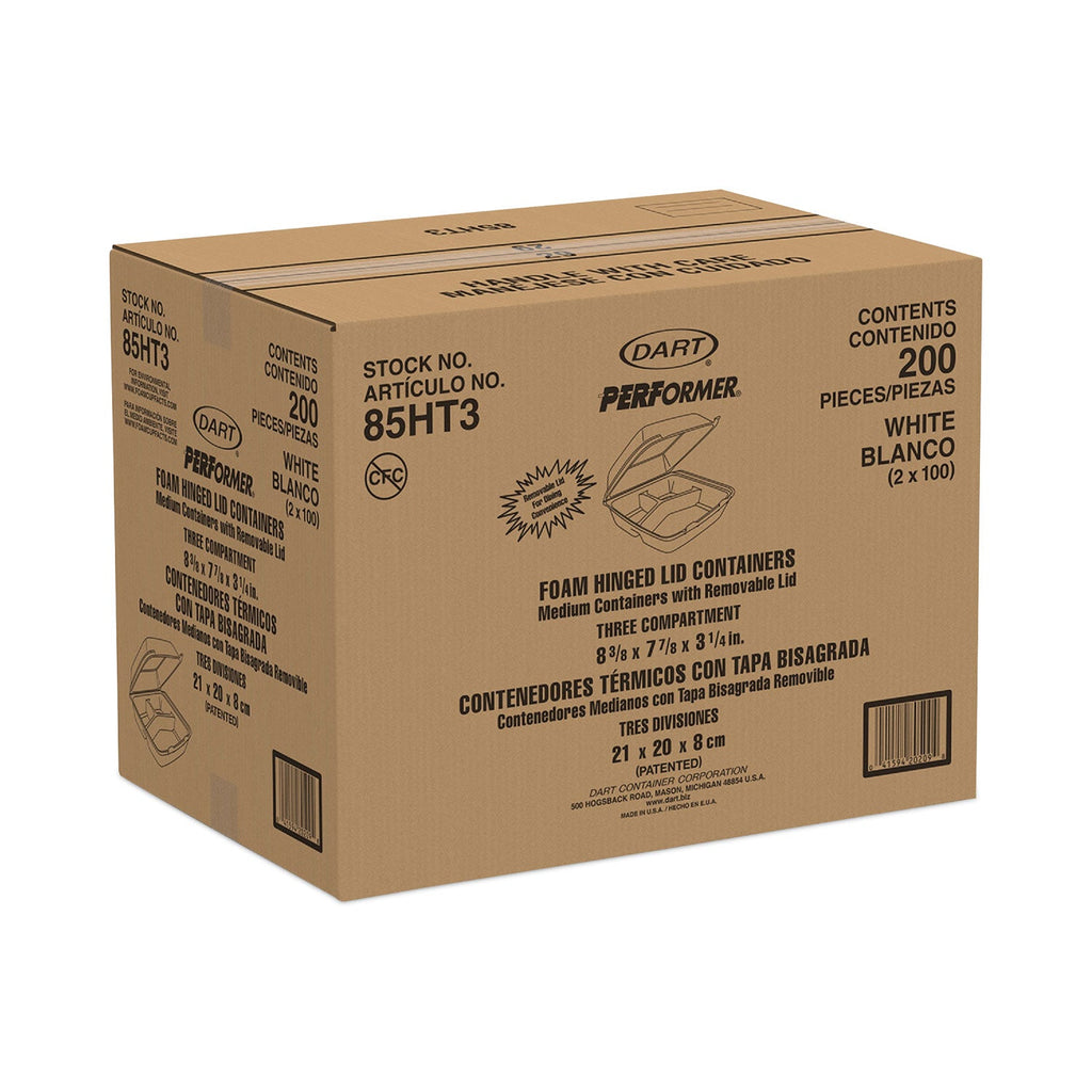 Dart Insulated Foam Hinged Lid Containers, 3-Compartment. 7.9 x 8.4 x 3.3, White, 200/Carton