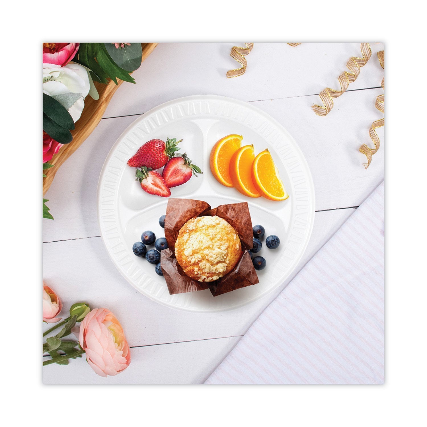 Dart Concorde Non-Laminated Foam Plate, 3-Compartment, 9" dia, 125/Pack, 4 Packs/Carton