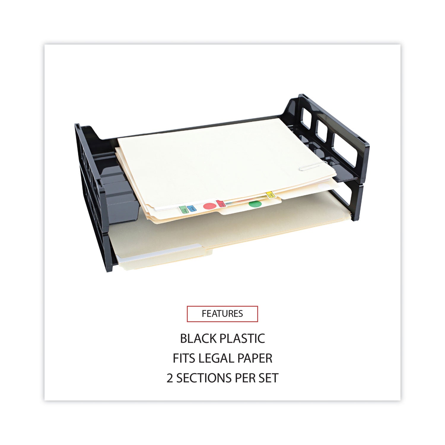 Universal Recycled Plastic Side Load Desk Trays, 2 Sections, Legal Size Files, 16.25" x 9" x 2.75", Black