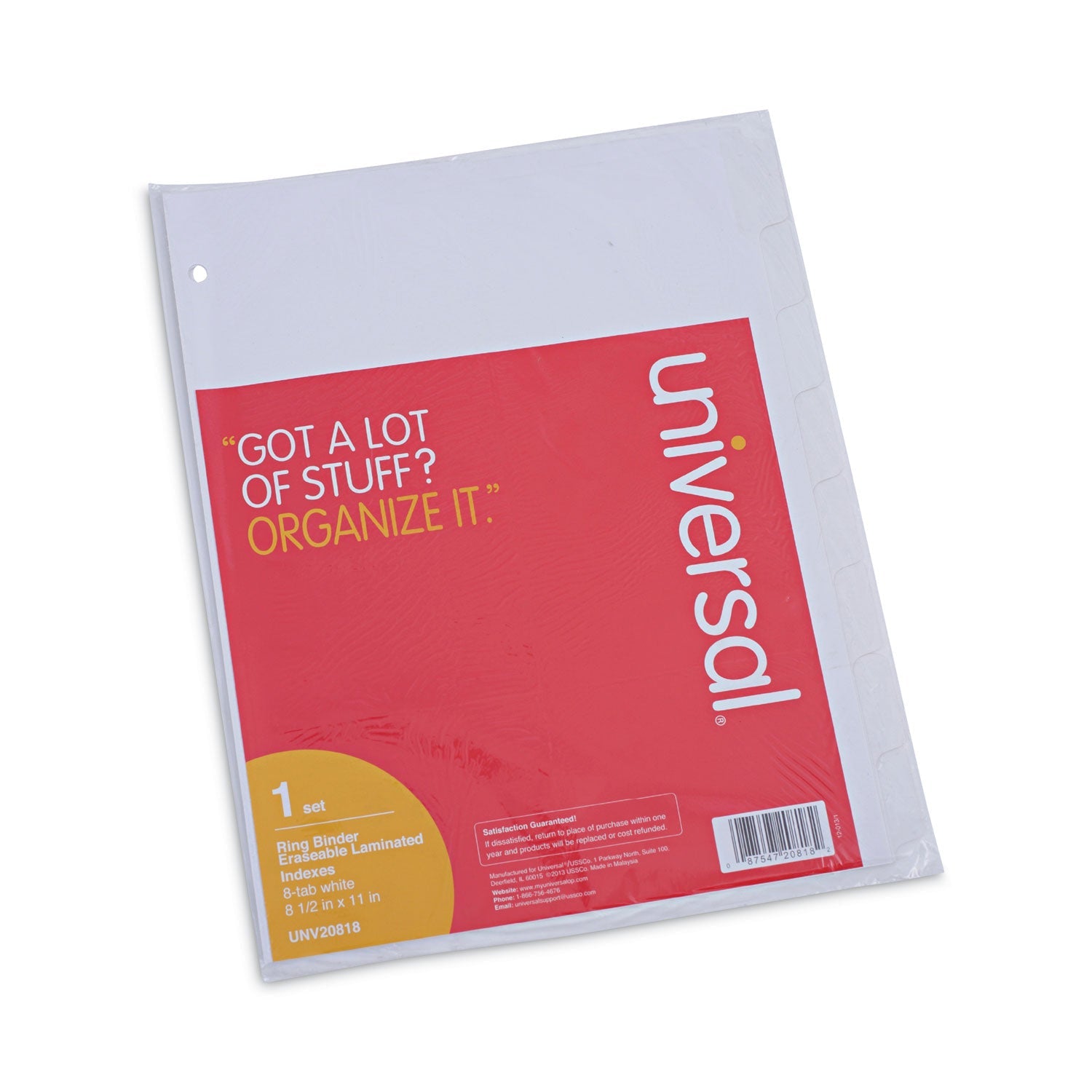 Universal Deluxe Write-On/Erasable Tab Index, 8-Tab, 11 x 8.5, White, White Tabs, 1 Set